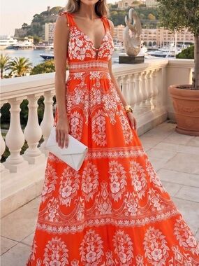 Red/orange Floral-Print One-Piece Swimsuit with V-Neck and Tie Straps